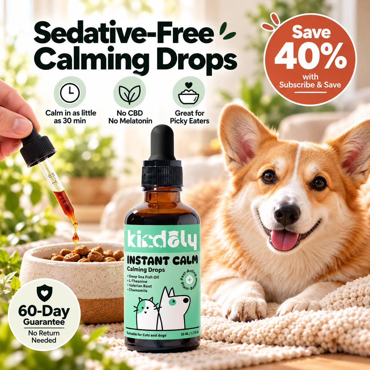 Kindoly Sedative-Free Calming Drops for Dogs & Cats – Salmon Flavor, 50 mL