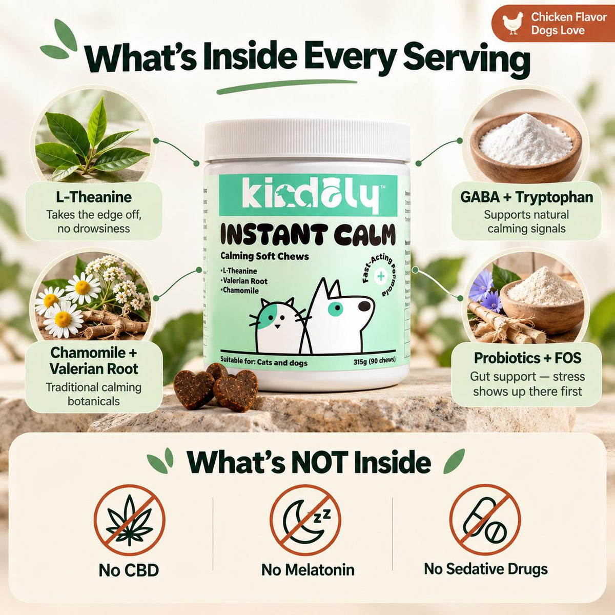 Kindoly Sedative-Free Calming Soft Chews for Dogs & Cats – Chicken Flavor, 90 Chews