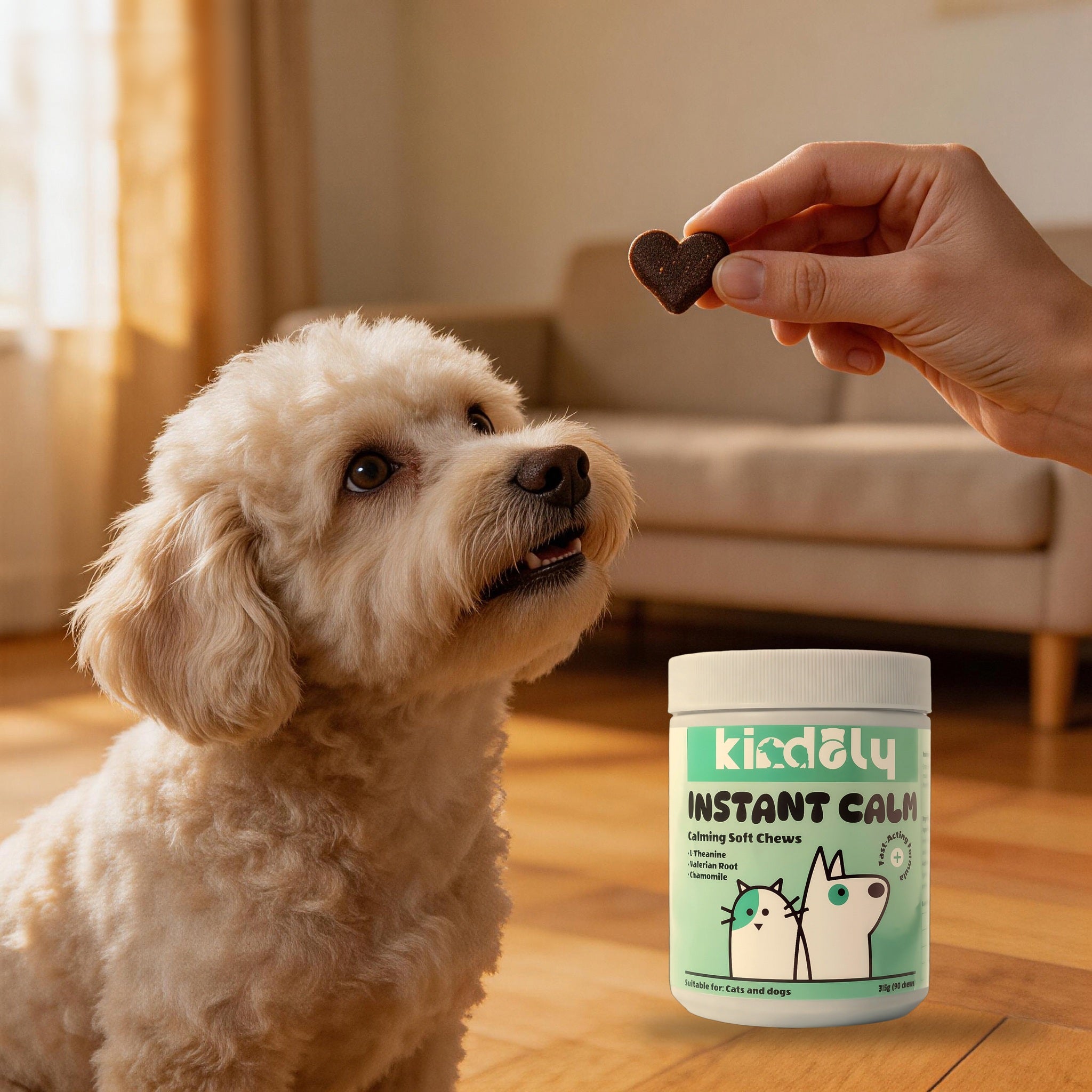 Calming Soft Chews for Dogs & Cats — Daily Probiotic + Gut-Brain Calm, Chicken Flavor, Heart-Shaped, 90 Count